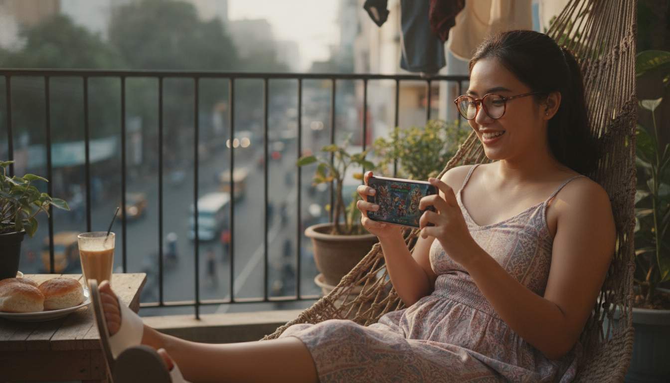 A woman enjoying mobile gaming on her smartphone